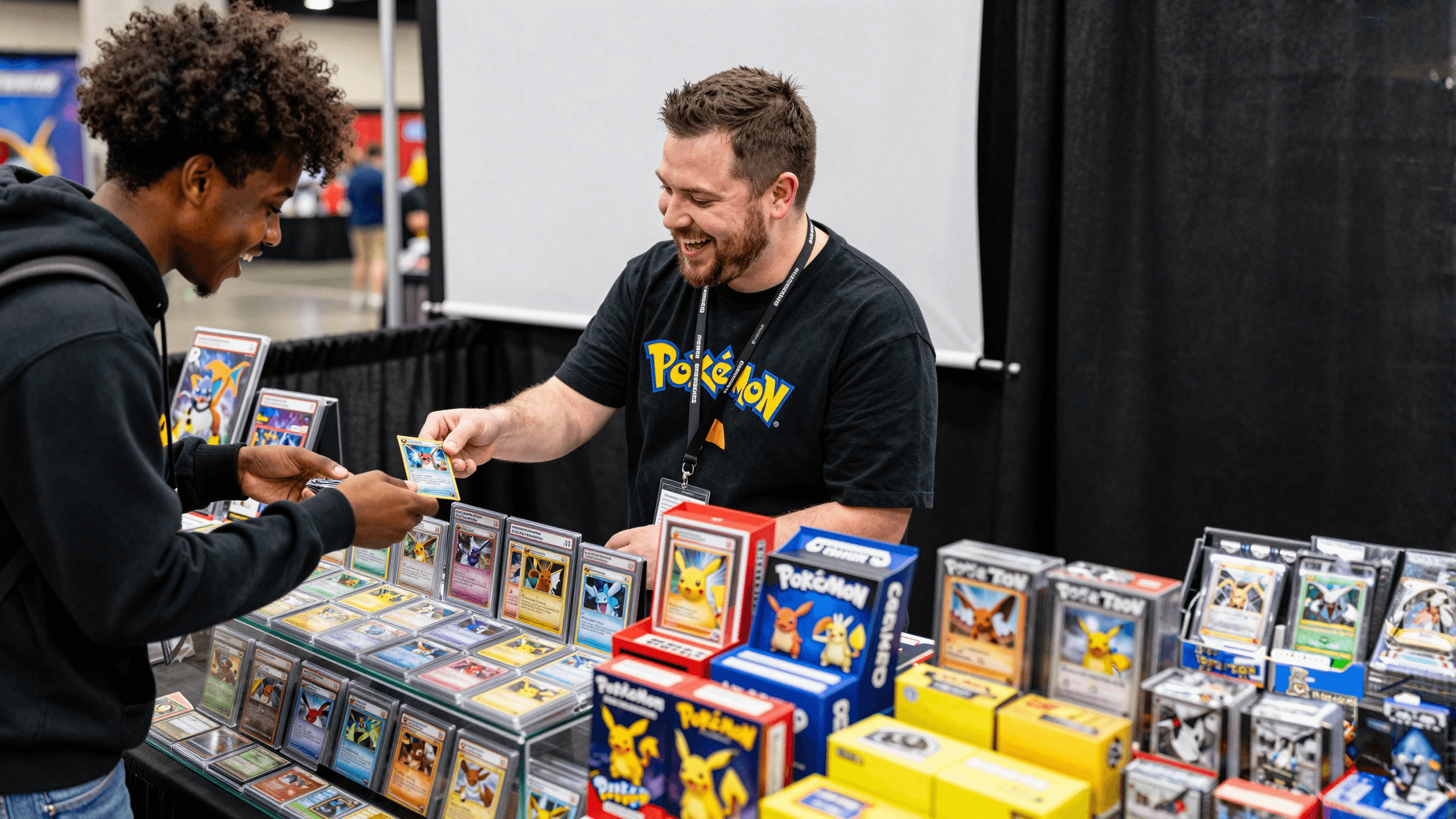 Card vendors and customers at a trading card show